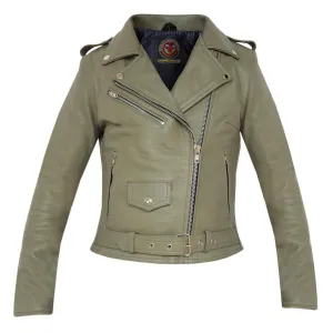 Warrior Gears® Brando Style Ladies Leather Motorcycle Jacket -Olive