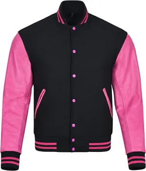 Warrior Gears Classic Hybrid Varsity Jacket for Kids, Toddler Letterman Bomber Jacket for Boys, Unisex Varsity Jacket Girls, Black Pure Wool Body & Pink Cowhide Leather Sleeves