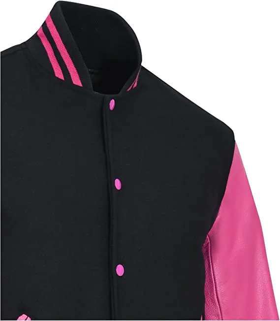 Warrior Gears Classic Hybrid Varsity Jacket for Kids, Toddler Letterman Bomber Jacket for Boys, Unisex Varsity Jacket Girls, Black Pure Wool Body & Pink Cowhide Leather Sleeves