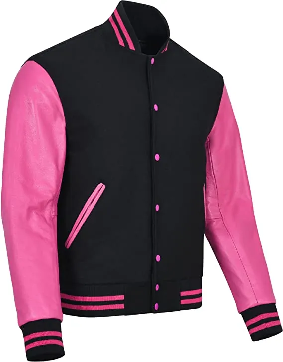 Warrior Gears Classic Hybrid Varsity Jacket for Kids, Toddler Letterman Bomber Jacket for Boys, Unisex Varsity Jacket Girls, Black Pure Wool Body & Pink Cowhide Leather Sleeves