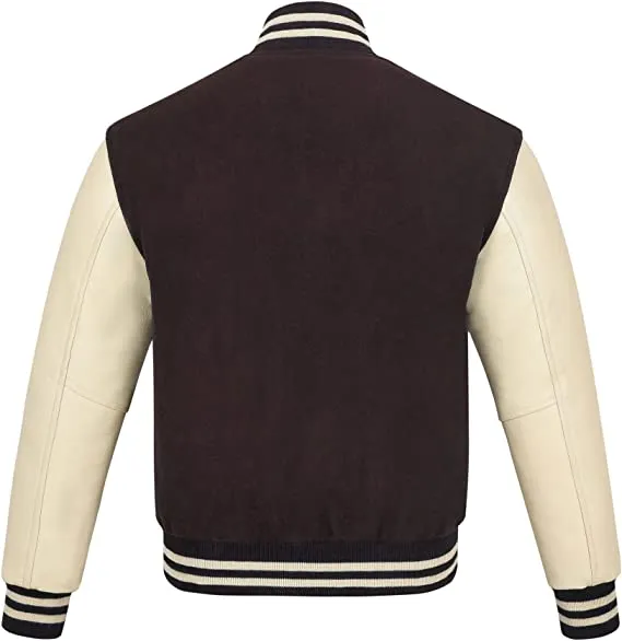 Warrior Gears Classic Hybrid Varsity Jacket for Kids, Toddler Letterman Bomber Jacket for Boys, Unisex Varsity Jacket Girls, Brown Pure Wool Body & Cream Cowhide Leather Sleeves