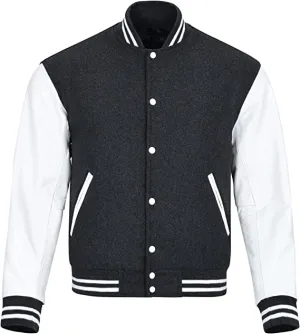 Warrior Gears Classic Hybrid Varsity Jacket for Kids, Toddler Letterman Bomber Jacket for Boys, Unisex Varsity Jacket Girls, Dark Grey Pure Wool Body & White Cowhide Leather Sleeves