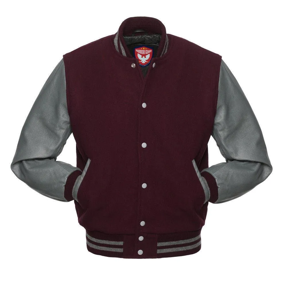 Warrior Gears Classic Hybrid Varsity Jacket for Kids, Toddler Letterman Bomber Jacket for Boys, Unisex Varsity Jacket Girls, Maroon Pure Wool Body & Grey Cowhide Leather Sleeves