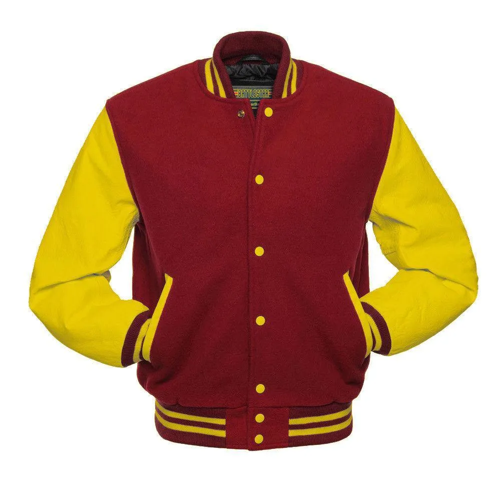 Warrior Gears Classic Hybrid Varsity Jacket for Kids, Toddler Letterman Bomber Jacket for Boys, Unisex Varsity Jacket Girls, Red Pure Wool Body & Yellow Cowhide Leather Sleeves