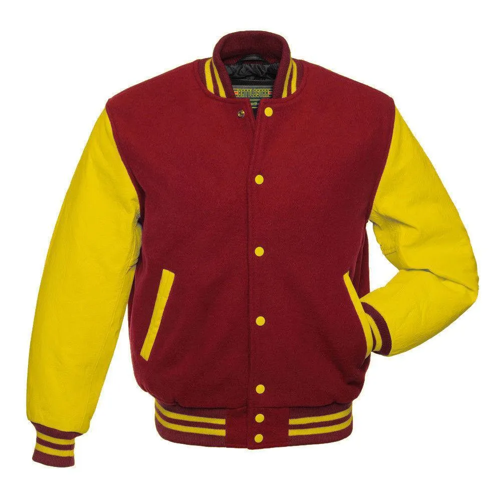 Warrior Gears Classic Hybrid Varsity Jacket for Kids, Toddler Letterman Bomber Jacket for Boys, Unisex Varsity Jacket Girls, Red Pure Wool Body & Yellow Cowhide Leather Sleeves