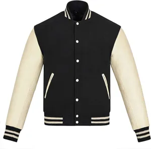 Warrior Gears Classic Hybrid Varsity Jacket University Letterman Bomber Jacket, Pure Wool & Original Cowhide Leather Jacket, Black Pure Wool Body & Cream Real Leather Sleeves