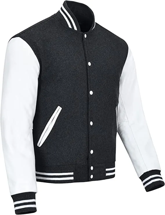 Warrior Gears Classic Hybrid Varsity Jacket University Letterman Bomber Jacket, Pure Wool & Original Cowhide Leather Jacket, Dark Grey Pure Wool Body & White Real Leather Sleeves