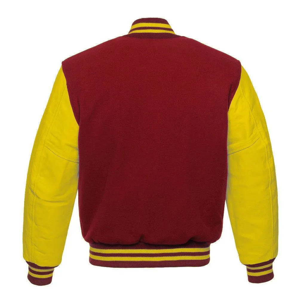 Warrior Gears Classic Hybrid Varsity Jacket University Letterman Bomber Jacket, Pure Wool & Original Cowhide Leather Jacket, Red Wool Body & Yellow Leather Sleeves