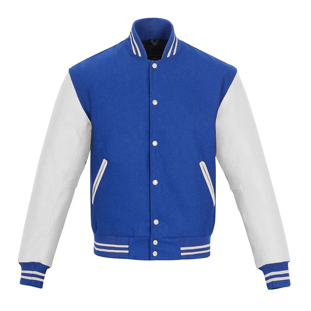 Warrior Gears Classic Hybrid Varsity Jacket University Letterman Bomber Jacket, Pure Wool & Original Cowhide Leather Jacket, Royal Blue Pure Wool Body & White Real Leather Sleeves