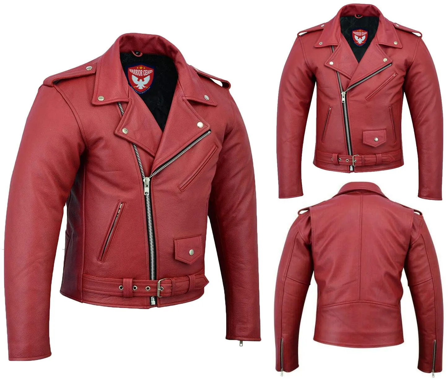 Warrior Gears® Perfecto Marlo Brando Leather Motorcycle Jacket for Men  Cowhide- Red