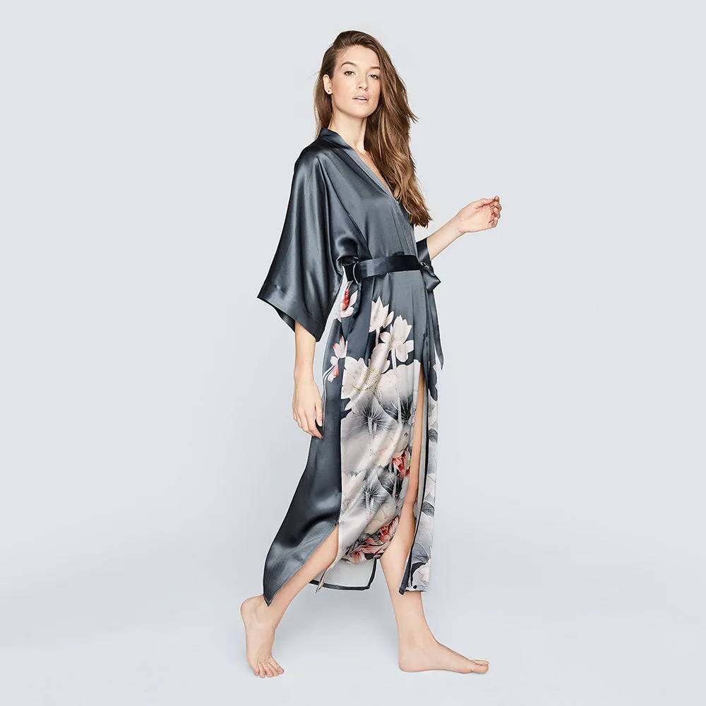 Washable Silk Lotus Long Kimono Robe