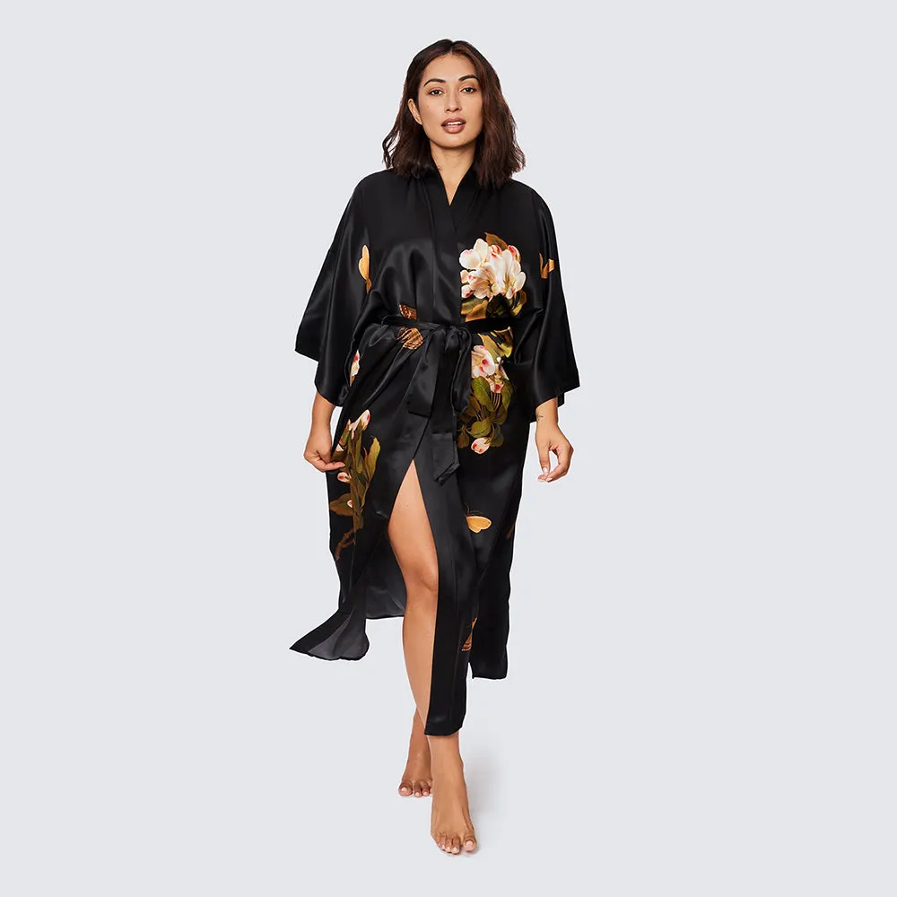 Washable Silk Peony & Butterfly Long Kimono Robe (Plus Size)