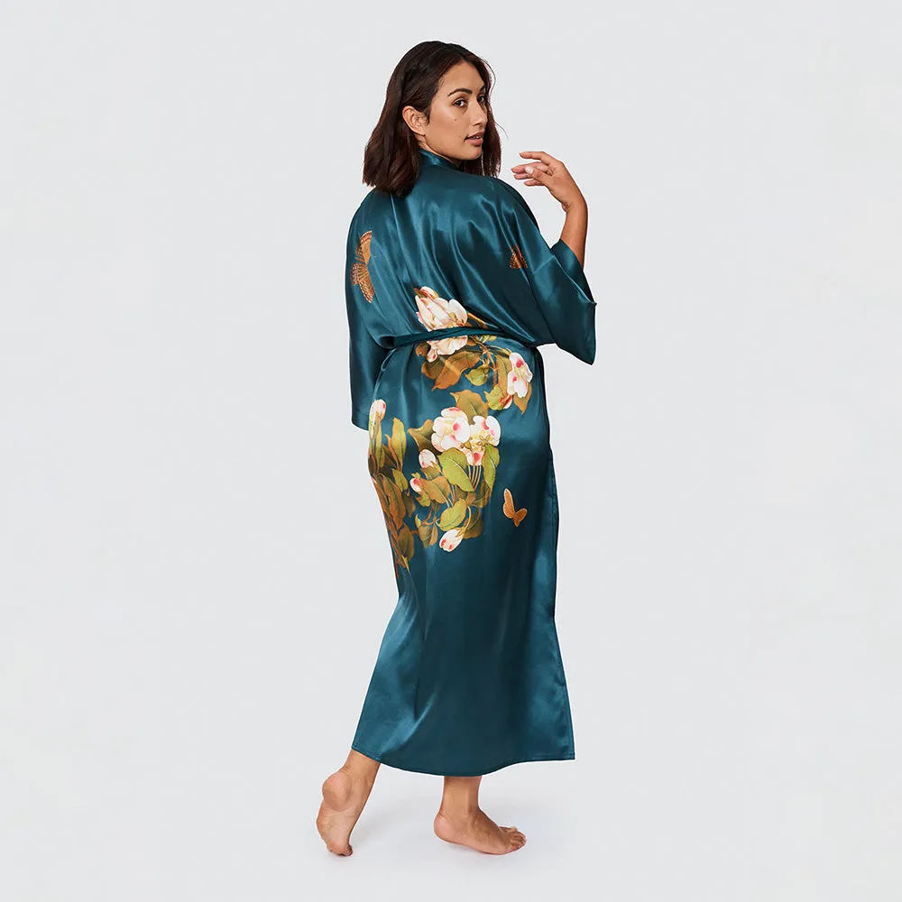 Washable Silk Peony & Butterfly Long Kimono Robe (Plus Size)