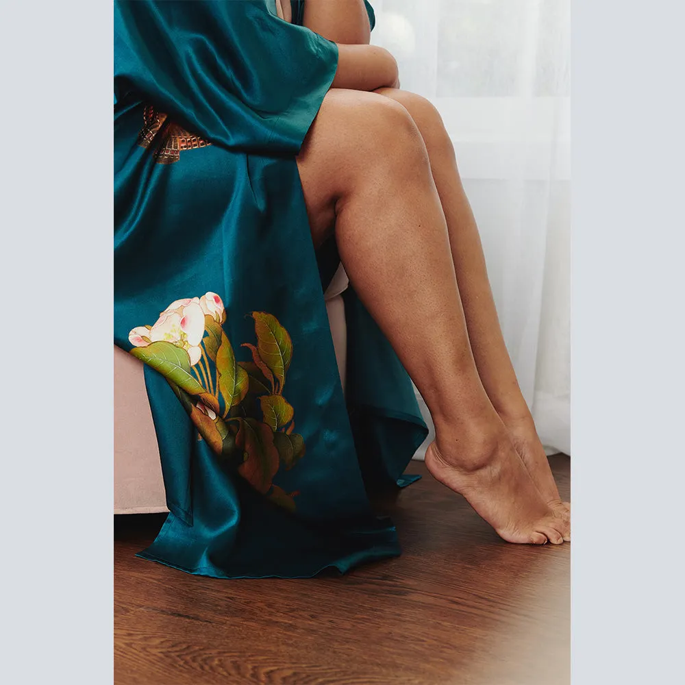 Washable Silk Peony & Butterfly Long Kimono Robe (Plus Size)