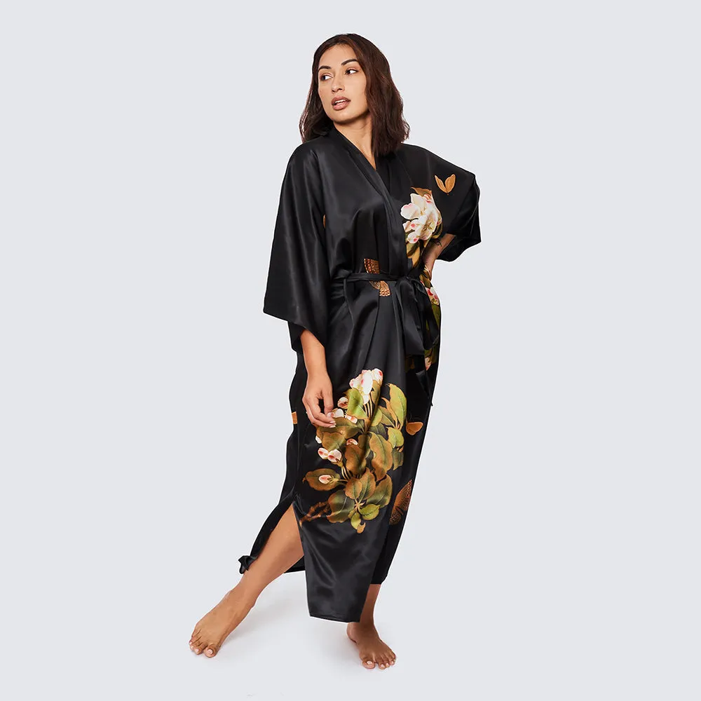 Washable Silk Peony & Butterfly Long Kimono Robe (Plus Size)