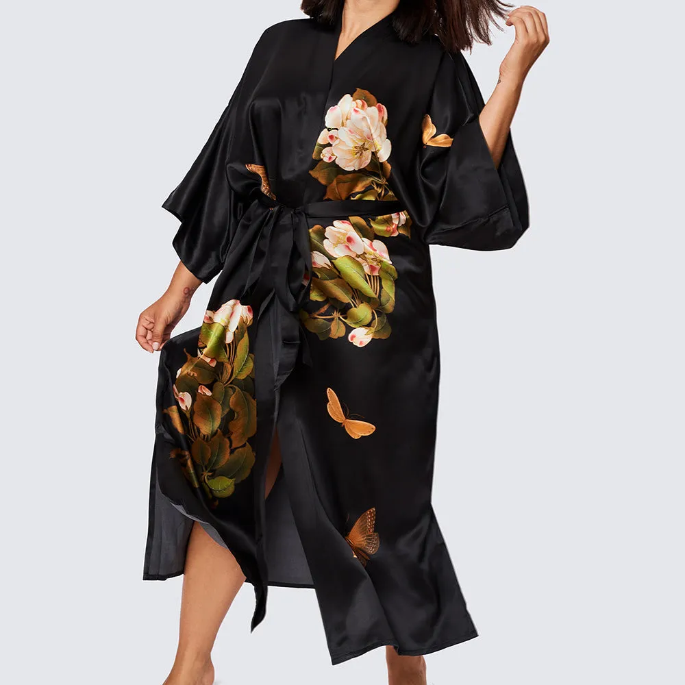 Washable Silk Peony & Butterfly Long Kimono Robe (Plus Size)