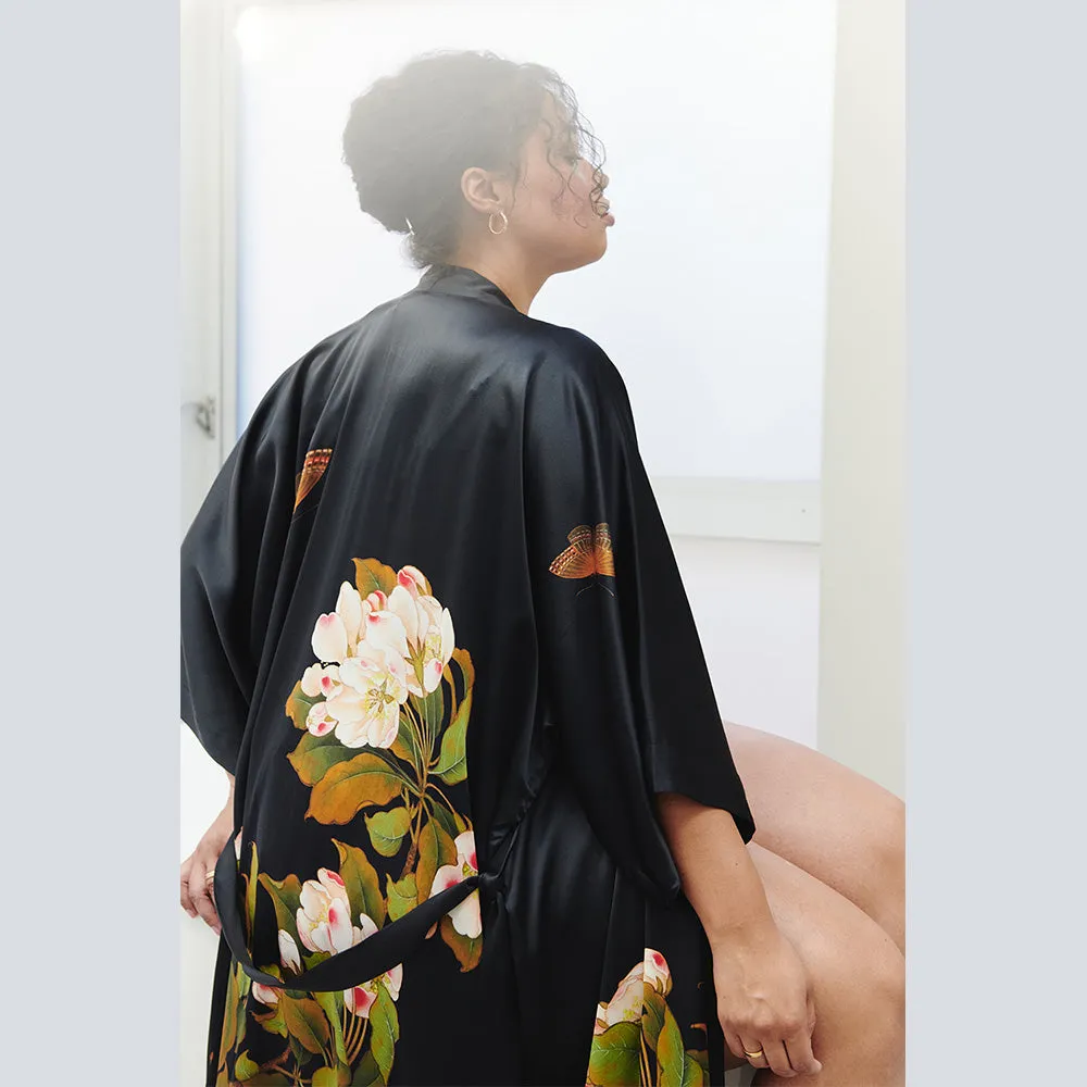 Washable Silk Peony & Butterfly Long Kimono Robe (Plus Size)