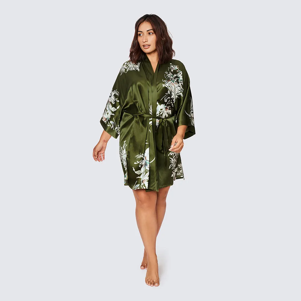 Washable Silk Yuri Short Kimono Robe (Plus Size)