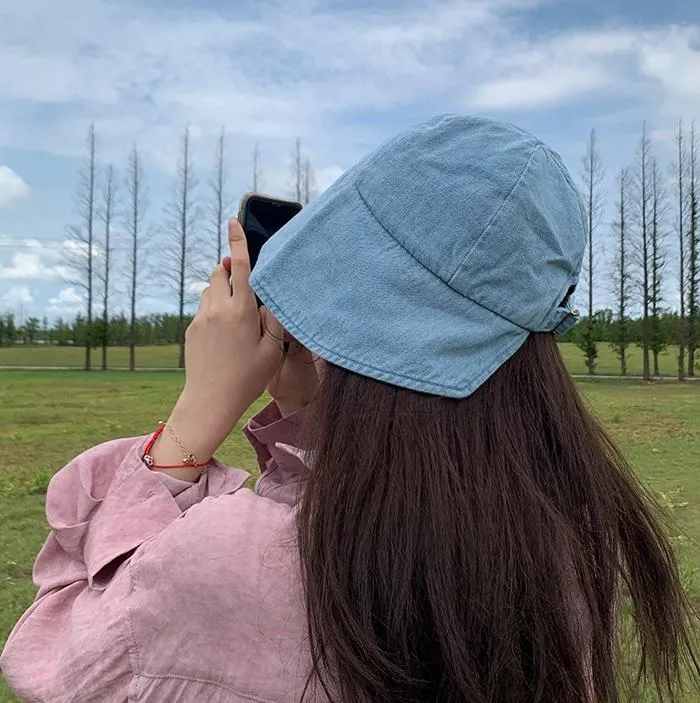 Washed Blue Denim Retro Cute Bucket Sunscreen Hat