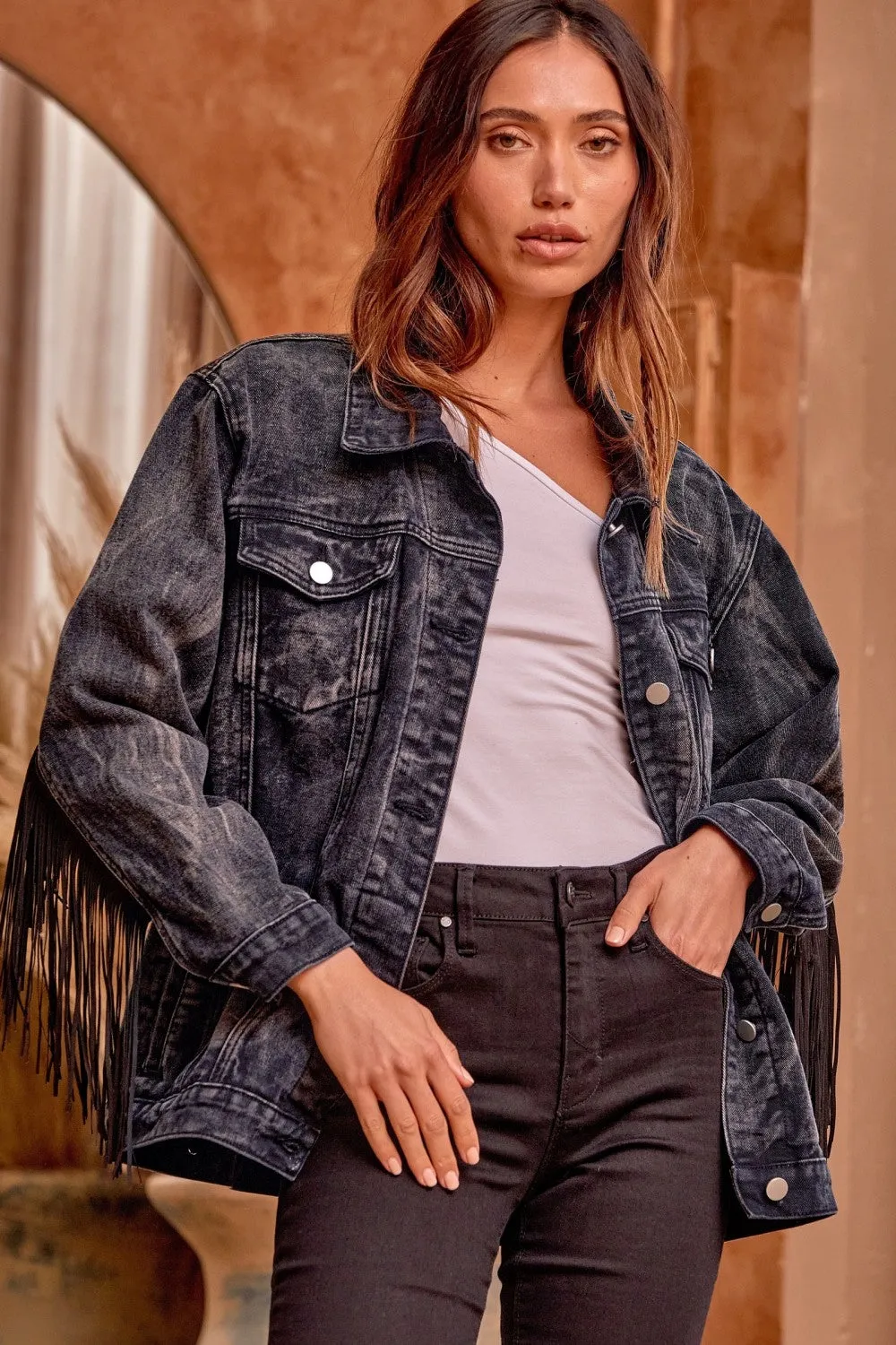 Washed Denim Fringed Jacket