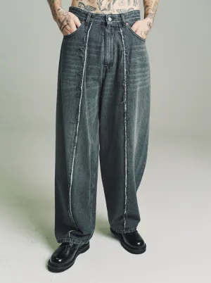 Washed Grey Wide Leg Raw Pleat Denim