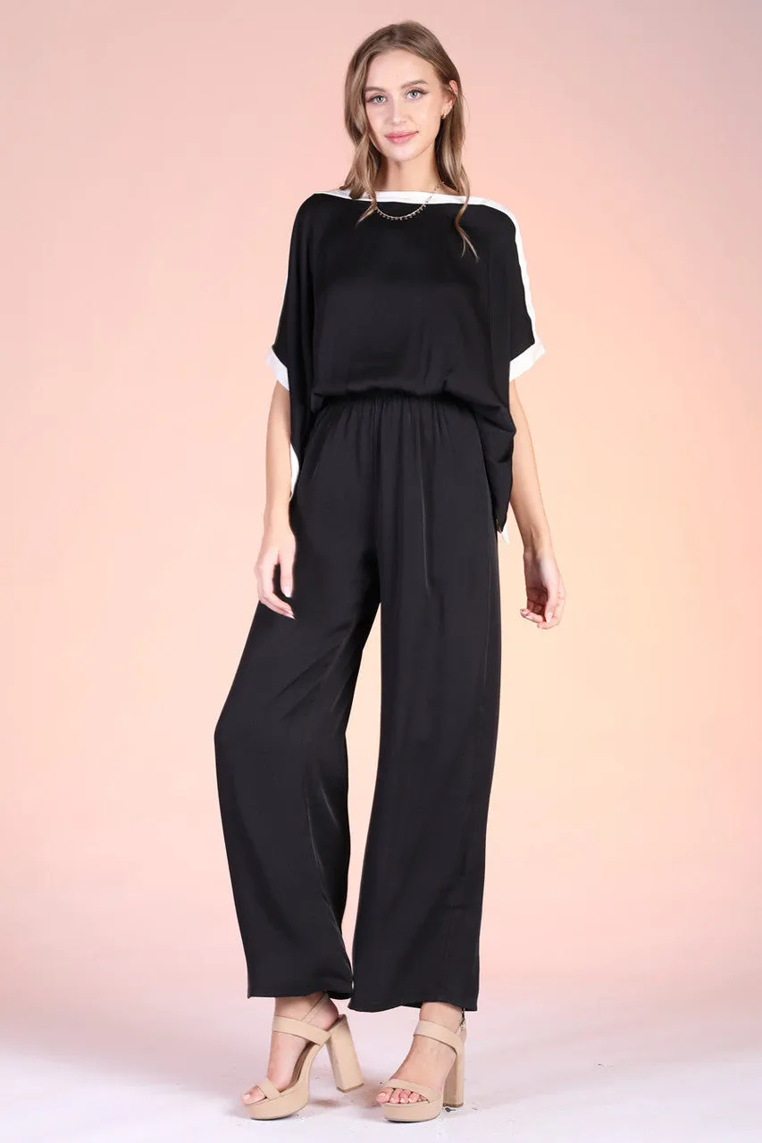 Washed Poly Silk Contrast Band Jumpsuit