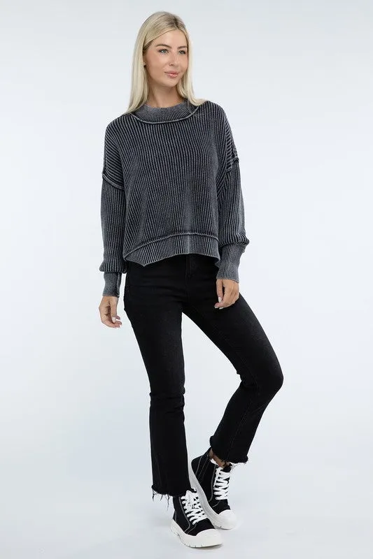 Washed Side Slit Oversized Cropped Sweater