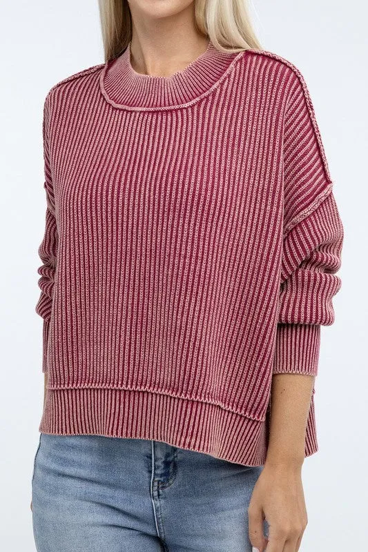 Washed Side Slit Oversized Cropped Sweater