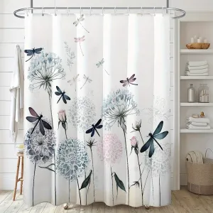 Watercolor Dandelion & Dragonfly Shower Curtain - Waterproof Polyester with Hooks, Easy-Care, Perfect for All Seasons, 71x71 Inches