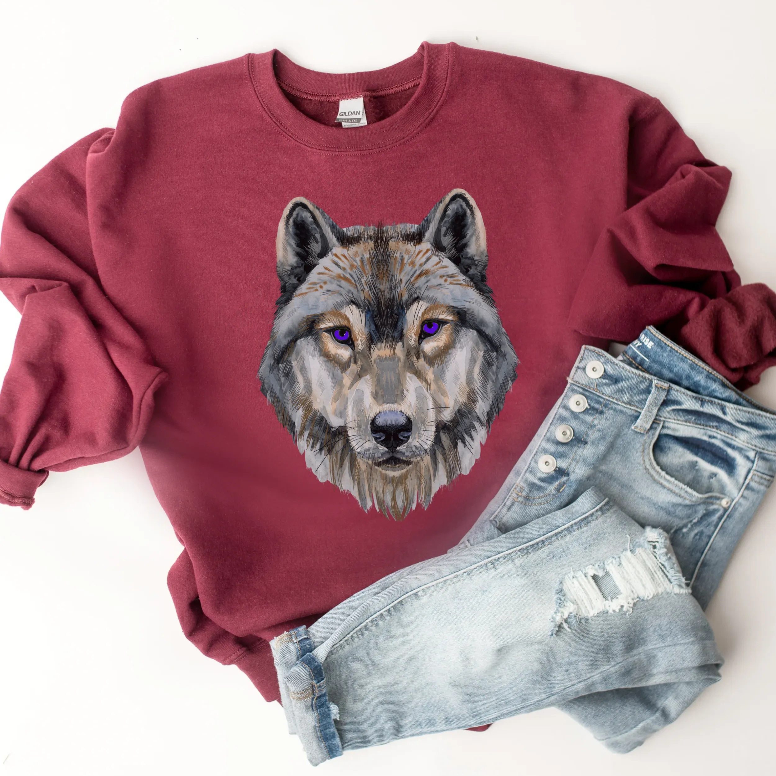 Watercolor Wolf Unisex Crewneck Sweatshirt A Beautiful Hand-Drawn Wolf on a Soft, Warm, Cozy Pullover