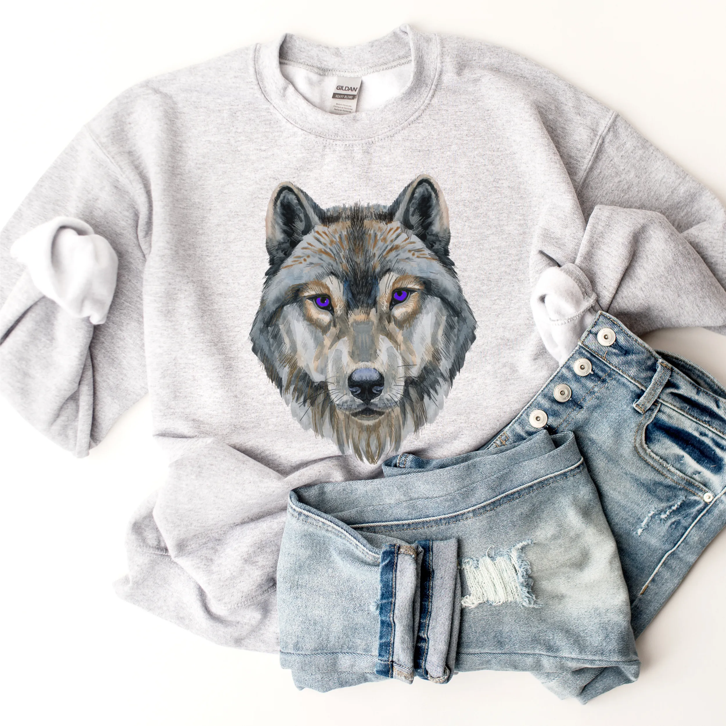 Watercolor Wolf Unisex Crewneck Sweatshirt A Beautiful Hand-Drawn Wolf on a Soft, Warm, Cozy Pullover