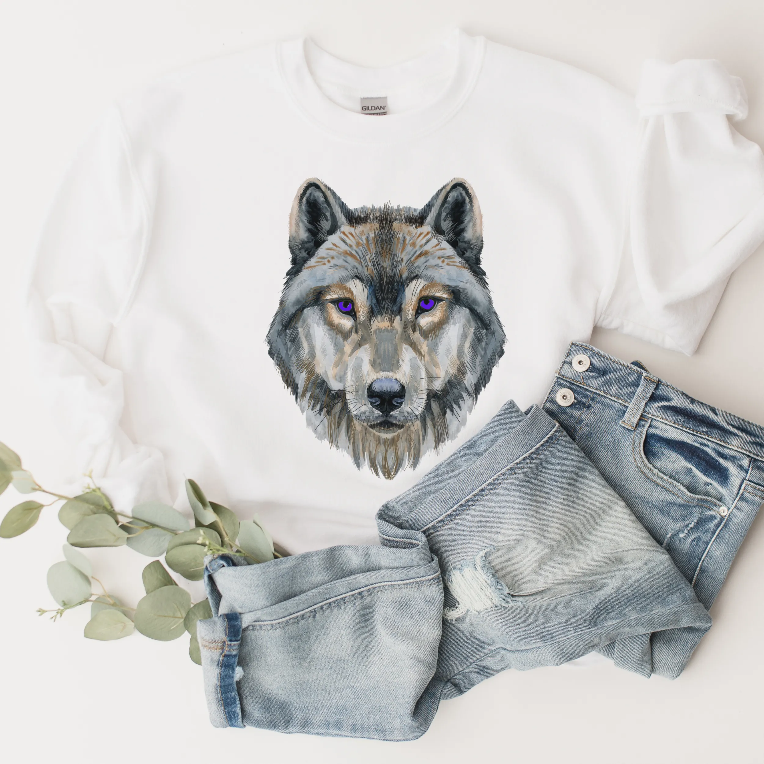 Watercolor Wolf Unisex Crewneck Sweatshirt A Beautiful Hand-Drawn Wolf on a Soft, Warm, Cozy Pullover