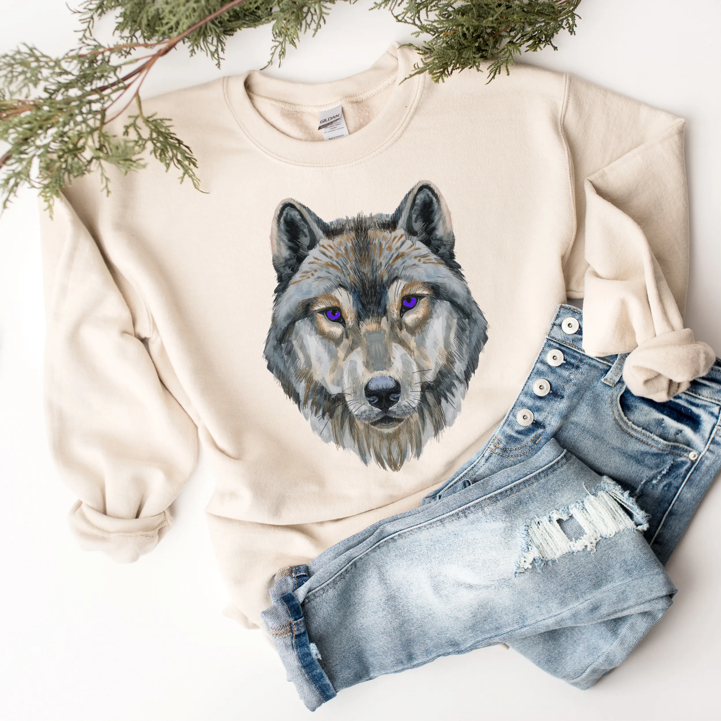 Watercolor Wolf Unisex Crewneck Sweatshirt A Beautiful Hand-Drawn Wolf on a Soft, Warm, Cozy Pullover