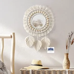 Waterlily House - Hanging Wall Mirror-Boho Macrame Fringe Art Ornament for Apartment Home Bedroom Living Room Round Decorative Mirror with Wood Beads Feather Pendant.