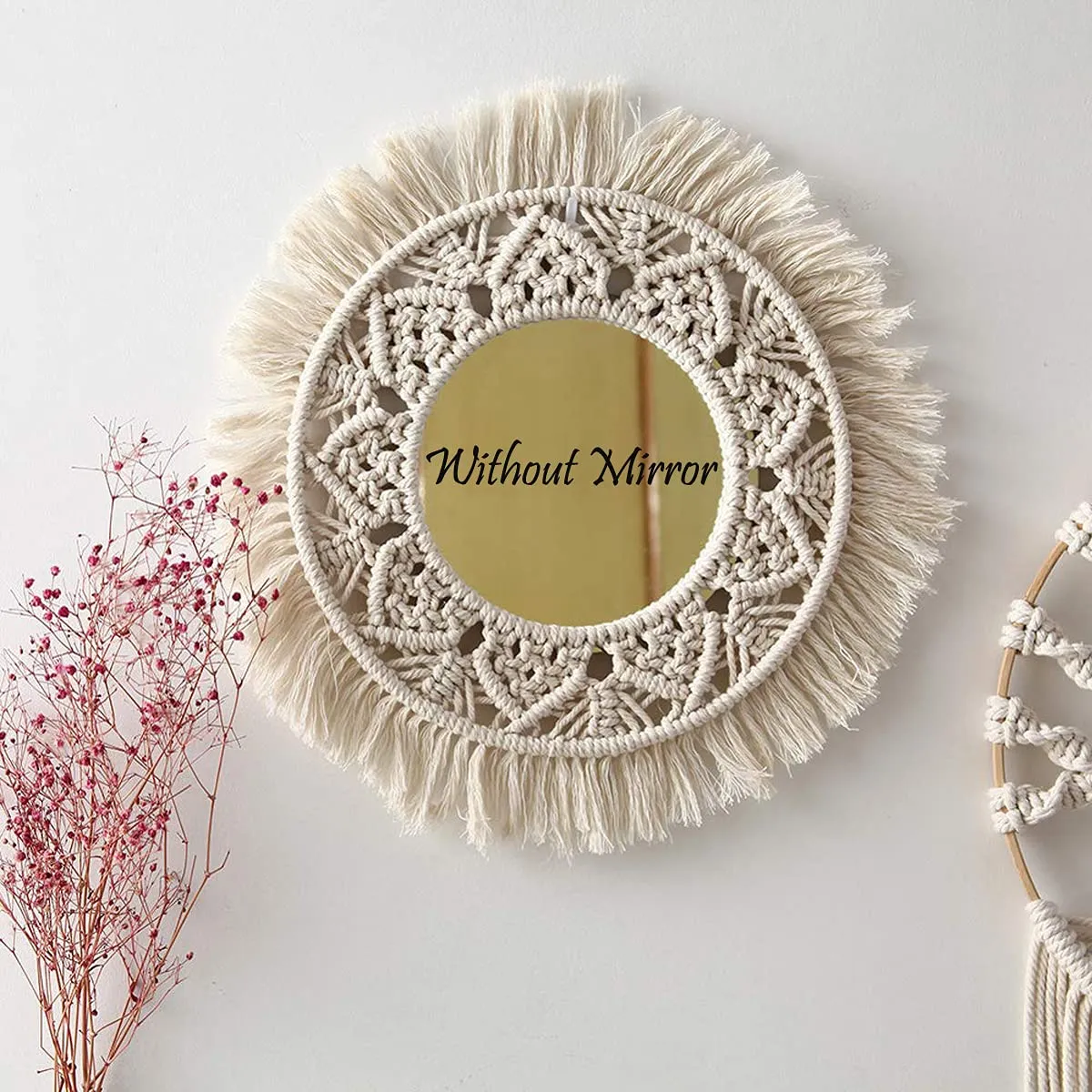 Waterlily House's - Macrame Mirror Wall Hanging with Fringe Round Mirror Art Boho Decor for Apartment Living Room Bedroom Baby Nursery.(Without Mirror, Ivory), Unframed