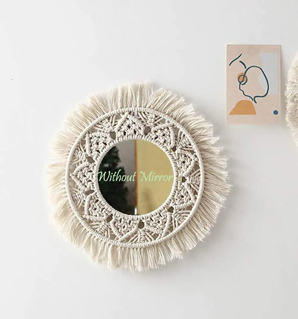 Waterlily House's - Macrame Mirror Wall Hanging with Fringe Round Mirror Art Boho Decor for Apartment Living Room Bedroom Baby Nursery.(Without Mirror, Ivory), Unframed