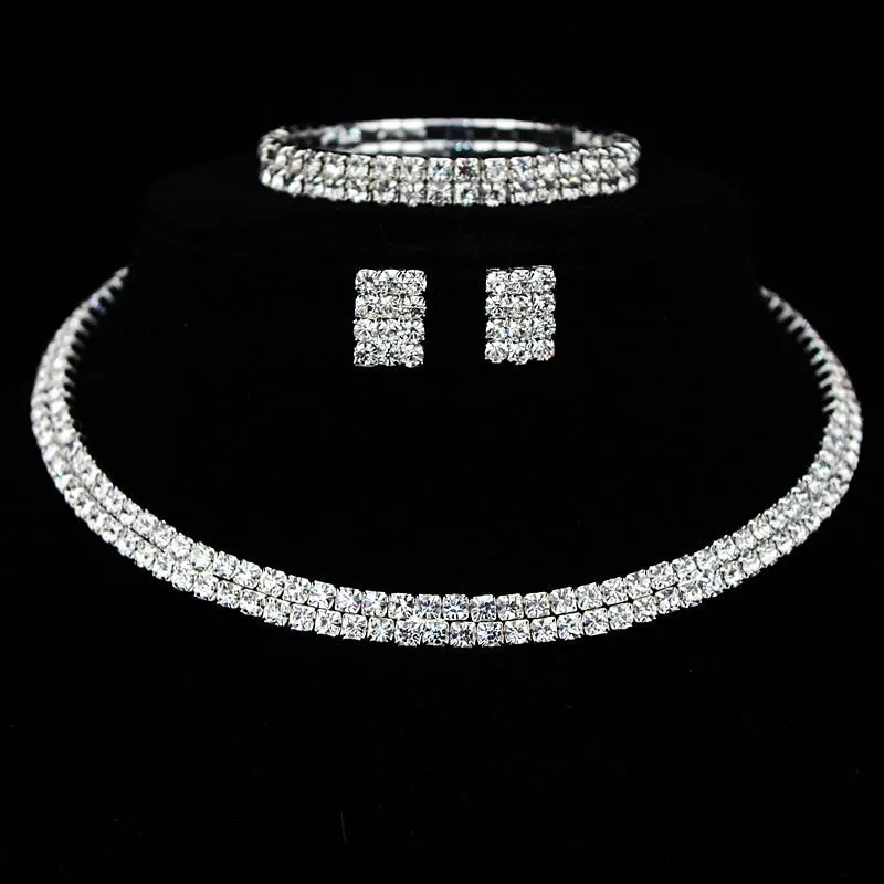 Wedding Jewelry Classic Two Row Jewelry Set for Bride with Rhinestones