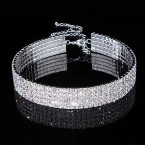 Wedding Jewelry Elegant Elastic Cord Choker Necklace for Bride with Rhinestone in Silver Color