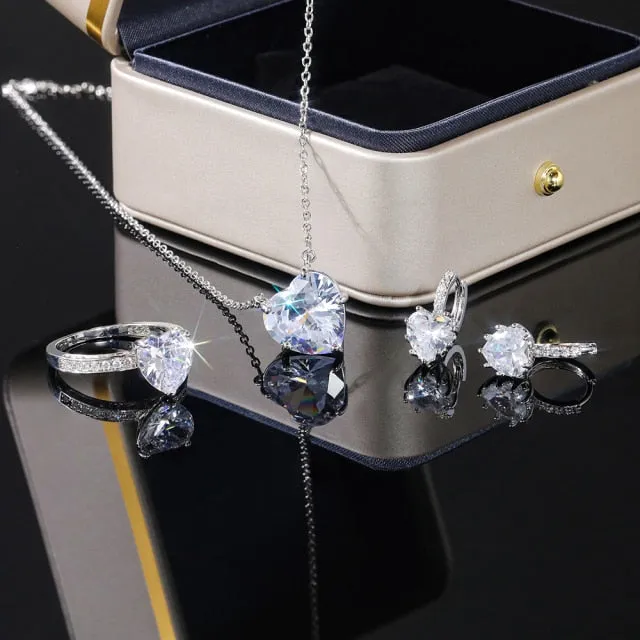 Wedding Jewelry Luxury Heart Jewelry Set for Women with Cubic Zirconia in Silver Color