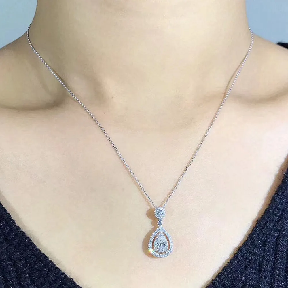 Wedding Jewelry Water Drop Pendant Necklace for Women with Zircon in Silver Color