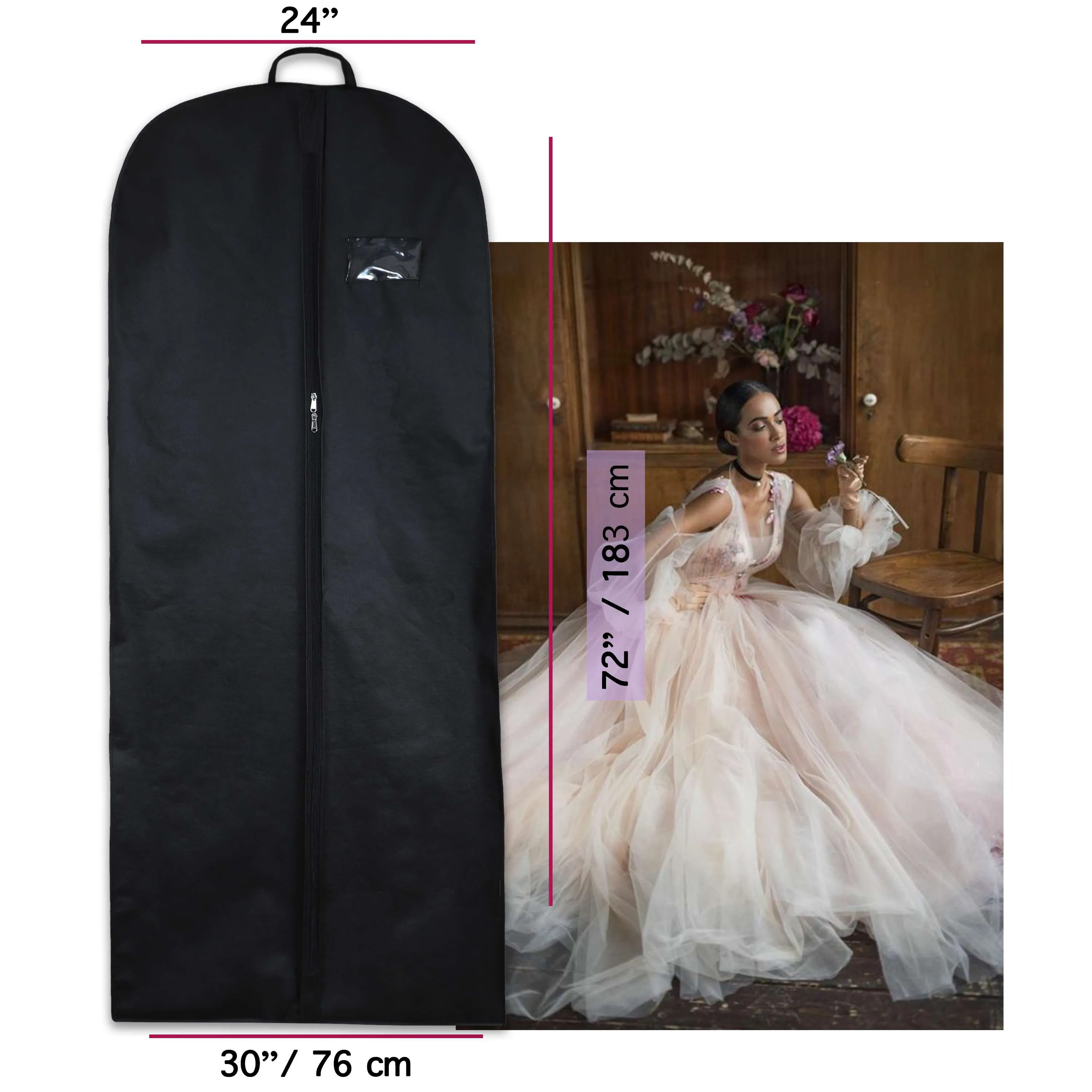 Wedding Lehenga Gown Long Dress Garment Cover Bags 72" with 8" Gusset. - BLACK