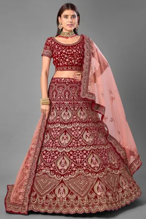 Wedding Wear Maroon Color Thread Embroidered Lehenga Choli In Velvet Fabric