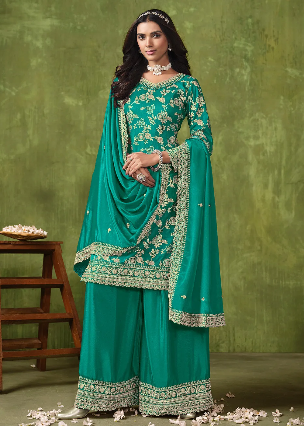 Wedding Wear Turquoise Dola Silk Jacquard Palazzo Suit