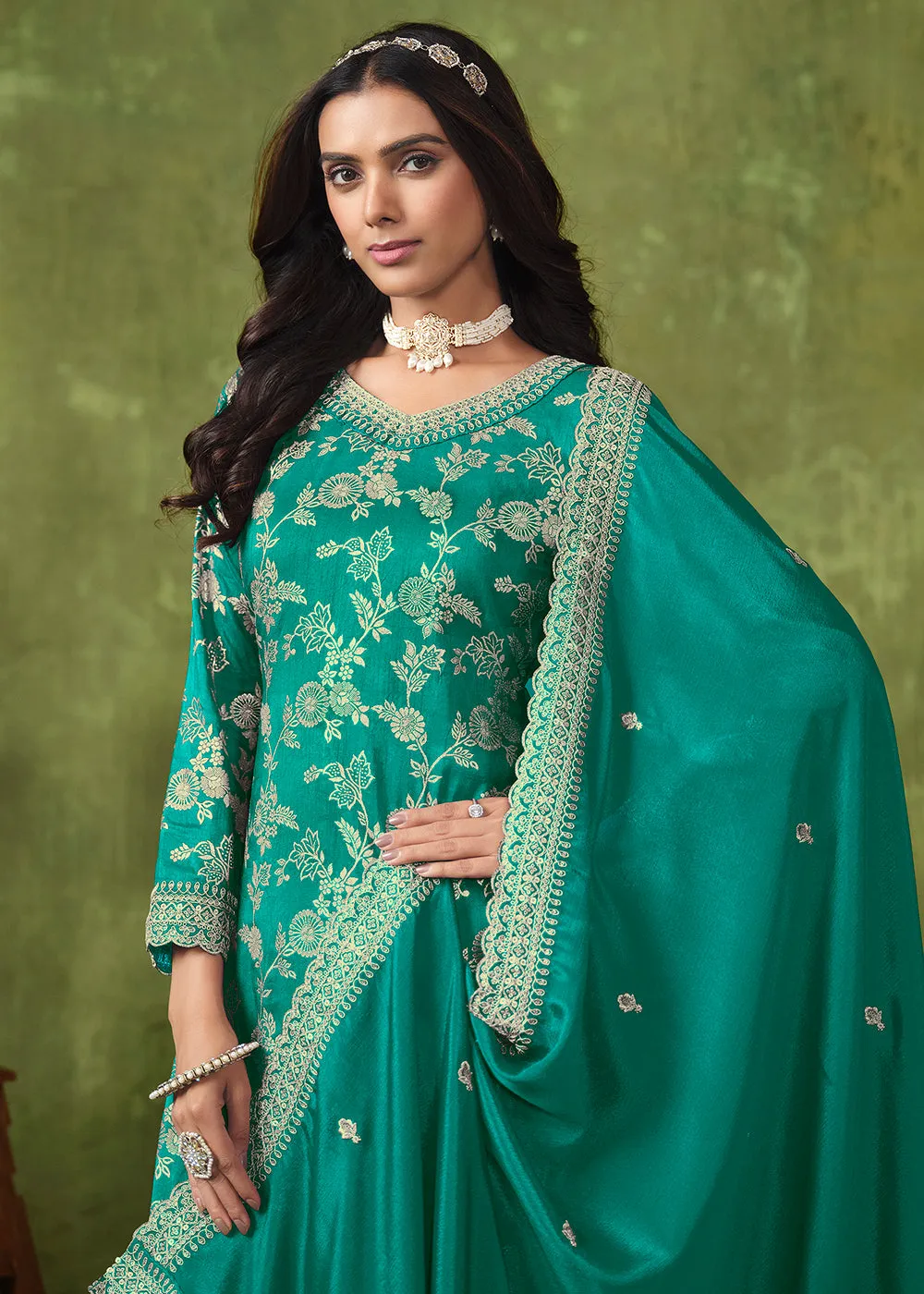 Wedding Wear Turquoise Dola Silk Jacquard Palazzo Suit