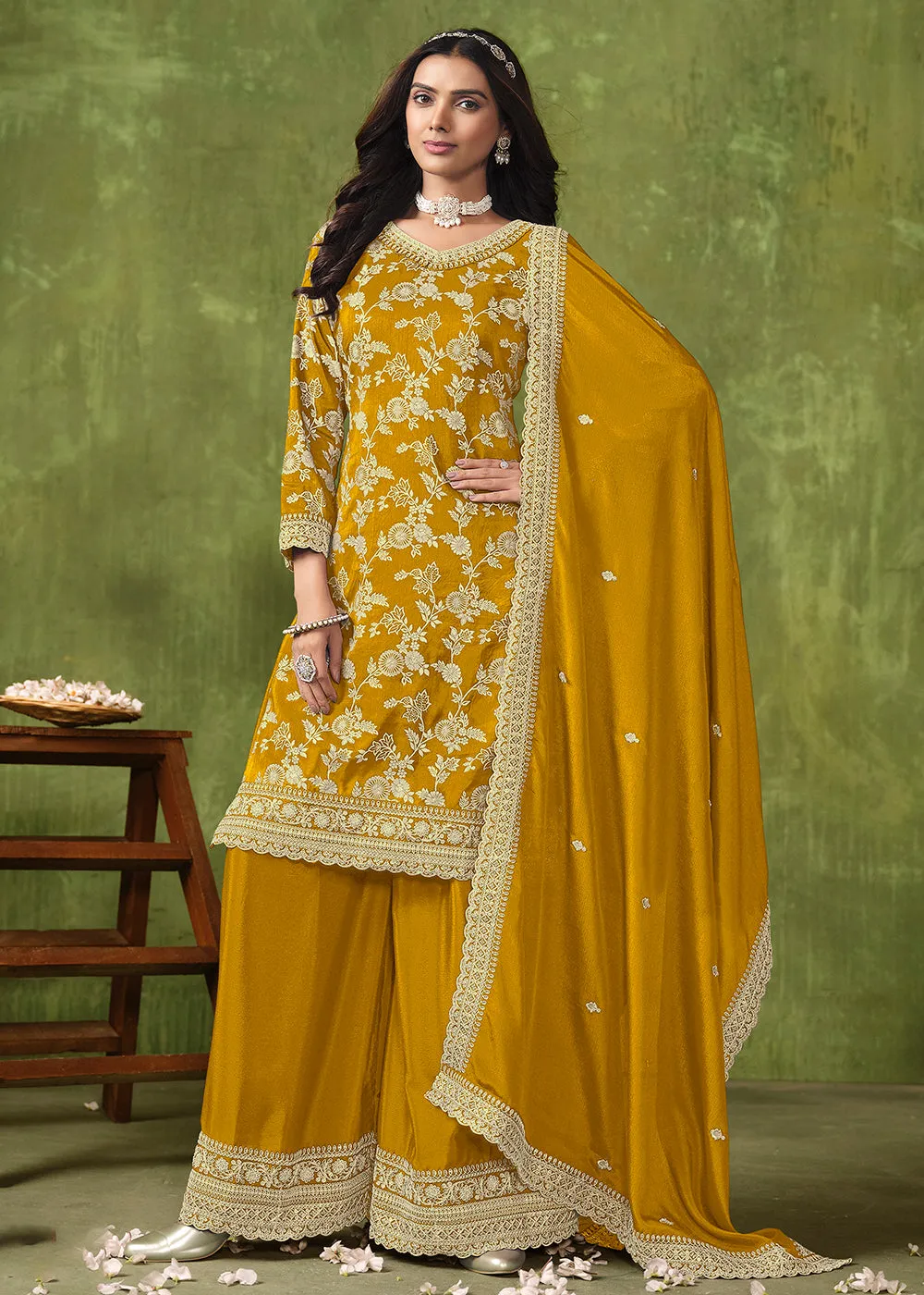 Wedding Wear Yellow Dola Silk Jacquard Palazzo Suit