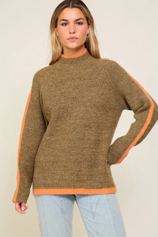 Weekend Favorite Marled Brown Raglan Sleeve Funnel Neck Sweater