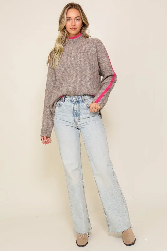 Weekend Favorite Marled Brown Raglan Sleeve Funnel Neck Sweater