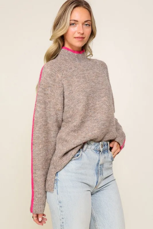 Weekend Favorite Marled Brown Raglan Sleeve Funnel Neck Sweater