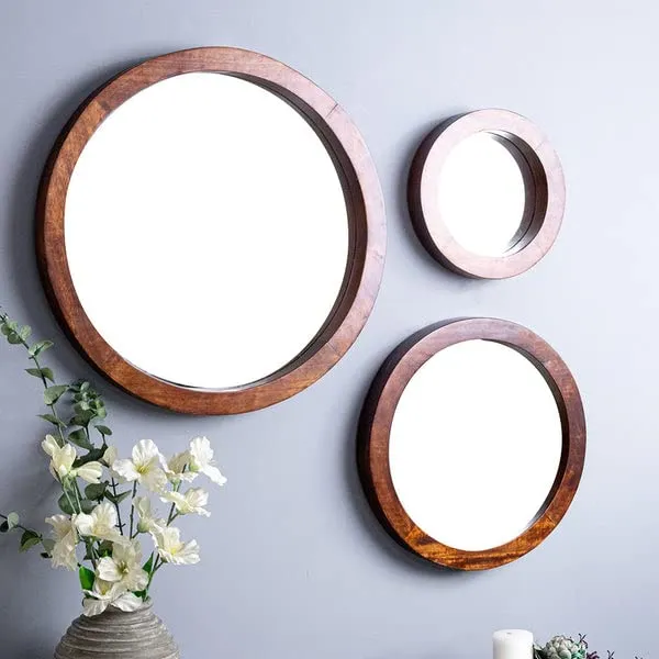 wellgoodhouse Wooden Designer Mirror | Round Shape | Brown Frame | Set of 3 Wooden Designer Mirror | Round Shape | Brown Frame