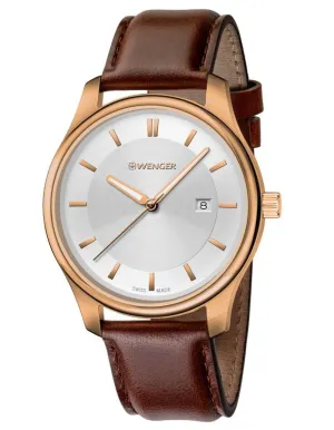 Wenger Mens City Classic - Gold-Tone - Silver-Tone Dial - Brown Strap - Date